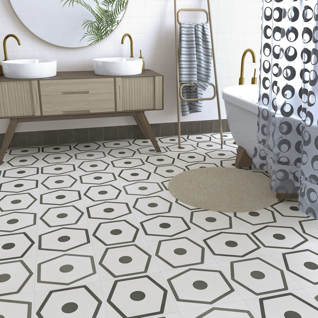 Suelo para el baño de pavimento Gres Porcelánico Efecto Hidráulico Pop Tile de Vives.